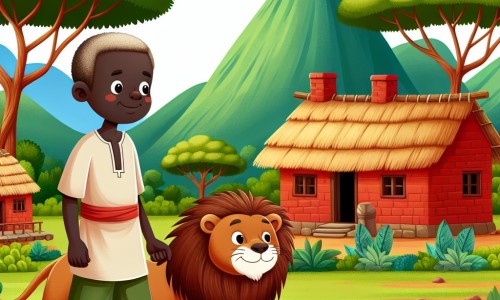 Une illustration destinée aux enfants représentant un homme sage et respecté, accompagné d'un lionceau, explorant la savane luxuriante d'un village africain où les maisons en terre rouge sont entourées d'arbres majestueux et de montagnes verdoyantes, symbolisant ainsi l'harmonie entre l'homme et la nature.