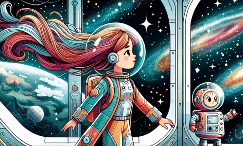 Une illustration destinée aux enfants représentant une femme intrépide, les cheveux flottant dans l'apesanteur, explorant une planète lointaine aux paysages féériques, accompagnée de son fidèle robot compagnon, dans un vaisseau spatial futuriste scintillant de mille couleurs.