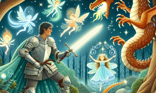 Une illustration destinée aux enfants représentant un homme courageux, vêtu d'une armure étincelante, affrontant un dragon de feu avec son épée étincelante, dans une forêt enchantée où les arbres dansent et les fées lumineuses virevoltent.
