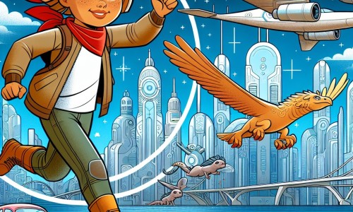Une illustration destinée aux enfants représentant une jeune fille intrépide, évoluant dans une ville futuriste scintillante où les voitures volantes sillonnent le ciel, accompagnée de créatures fantastiques dans une quête pour ramener la tolérance et l'harmonie.