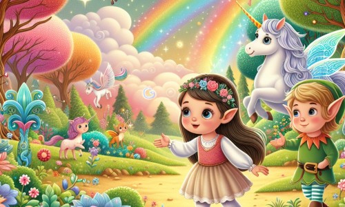Une illustration destinée aux enfants représentant une petite fille curieuse, accompagnée d'un lutin magique, découvrant un monde fantastique enchanté rempli d'arbres colorés, de fleurs dansantes, d'un dragon farceur et d'une licorne majestueuse dans une clairière féerique.