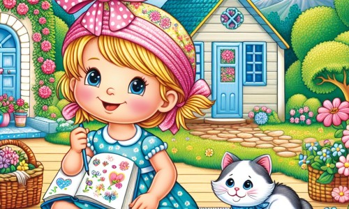 Une illustration destinée aux enfants représentant une petite fille pleine de vie, confrontée à une maladie rare, accompagnée d'un adorable chaton, dans une maison confortable au bord de la mer, entourée de fleurs colorées et d'un jardin verdoyant.
