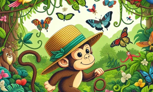 Une illustration destinée aux enfants représentant un singe espiègle et curieux qui se retrouve embarqué dans une aventure extraordinaire avec un chapeau de paille, dans une forêt tropicale luxuriante remplie de lianes, d'oiseaux multicolores et de papillons géants.