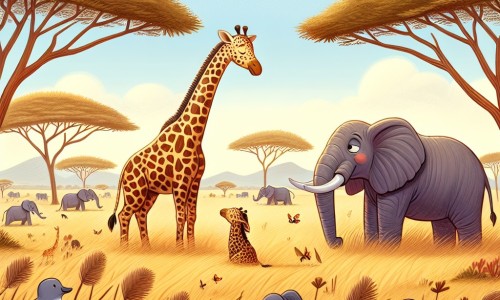 Une illustration destinée aux enfants représentant une majestueuse girafe à la robe tachetée, se sentant exclue à cause de sa taille, découvrant son don unique grâce à l'aide d'un éléphant sage, dans la magnifique savane africaine, avec ses hautes herbes dorées, ses acacias majestueux et ses animaux sauvages.