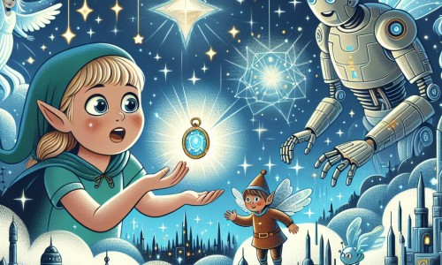 Une illustration destinée aux enfants représentant une petite fille curieuse, découvrant une amulette magique, accompagnée d'une elfe lumineuse et d'un robot futuriste, dans un royaume céleste rempli d'étoiles scintillantes et de cités antiques mêlées à des technologies avancées.