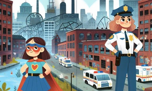 Une illustration destinée aux enfants représentant une jeune femme dotée de pouvoirs extraordinaires, accompagnée d'une policière, qui se tient fièrement devant une vieille usine abandonnée recouverte de graffitis, dans la ville animée de Merveilleville.