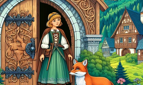 Une illustration destinée aux enfants représentant une jeune femme courageuse, vêtue d'une robe médiévale, se tenant devant une imposante porte en bois sculpté, accompagnée d'un renard rusé, dans un village pittoresque entouré de collines verdoyantes et de maisons à colombages, situé au cœur d'une forêt enchantée.