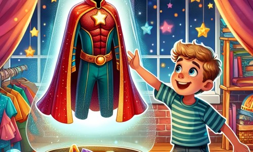 Une illustration destinée aux enfants représentant un petit garçon plein d'enthousiasme découvrant un mystérieux costume de super-héros dans un grenier lumineux, entouré de motifs colorés, à l'aube d'un carnaval scolaire plein de magie.