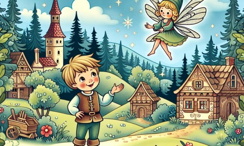 Une illustration destinée aux enfants représentant un petit garçon plein d'énergie, se retrouvant nez à nez avec une fée étincelante, dans un village niché au cœur d'une forêt enchantée, où les arbres sont si grands qu'ils chatouillent les nuages.