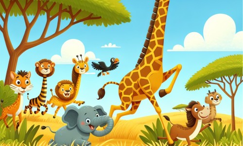 Une illustration destinée aux enfants représentant une girafe rigolote se lançant dans une course amusante avec une joyeuse troupe d'animaux exotiques dans la savane africaine, entourée de hautes herbes dorées, d'arbres majestueux et d'un ciel bleu éclatant.