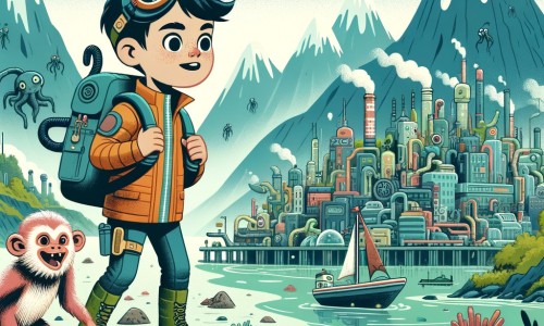 Une illustration destinée aux enfants représentant un jeune aventurier futuriste, accompagné de son fidèle singe espiègle, explorant une ville polluée entourée de montagnes toxiques et d'eaux contaminées.