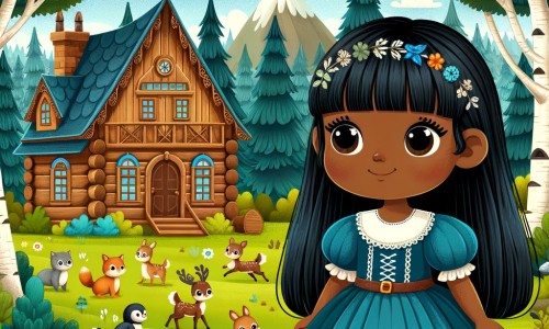 Une illustration destinée aux enfants représentant une jeune fille aux cheveux noirs comme l'ébène, vêtue d'une robe bleue, se tenant devant une magnifique maison en bois au milieu d'une forêt enchantée peuplée d'animaux joyeux et d'arbres majestueux.