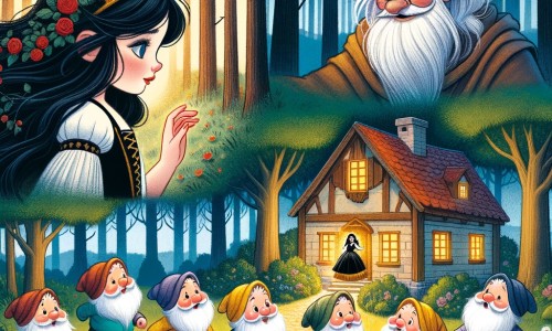 Une illustration pour enfants représentant une belle jeune femme avec des cheveux noirs ébène, qui fuit son beau-père méchant et trouve refuge dans une petite maison de sept nains, située dans la forêt enchantée.