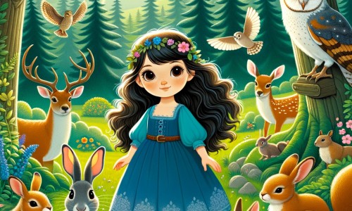 Une illustration pour enfants représentant une jeune fille en fuite, cherchant refuge dans une forêt magique remplie de créatures étonnantes.