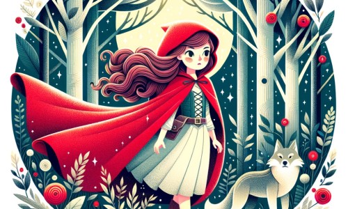Une illustration pour enfants représentant une jeune fille en cape rouge se promenant dans une forêt enchanteresse où elle devra faire face à un prédateur rusé et découvrir les secrets de la nature.