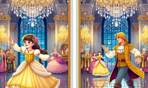 Une illustration pour enfants représentant une jeune fille courageuse et déterminée, confrontée à l'hostilité de sa famille, dans un monde contemporain où se déroule un bal royal magique.
