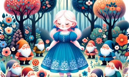 Une illustration pour enfants représentant une jeune fille au cœur pur, confrontée à l'égoïsme et à la vanité, dans un village enchanté entouré de forêts mystérieuses.