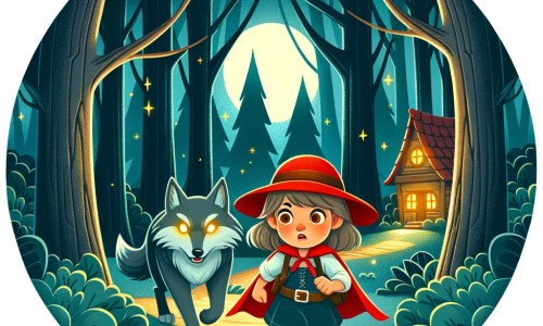 Une illustration destinée aux enfants représentant une jeune fille coiffée d'un chapeau rouge vif, bravant une sombre forêt mystérieuse, accompagnée d'un loup aux yeux brillants, dans une maisonnette en bois au milieu d'une clairière enchantée.