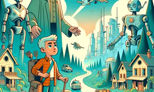 Une illustration pour enfants représentant un petit garçon malin et courageux, se battant pour sauver la forêt contre les riches, dans un monde futuriste aux bâtiments hauts et aux voitures volantes.