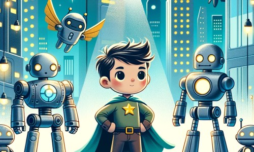 Une illustration destinée aux enfants représentant un jeune héros minuscule, confronté à l'injustice envers les robots, accompagné de ses fidèles amis mécaniques, dans un monde futuriste rempli de tours étincelantes et de machines volantes.
