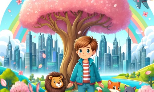 Une illustration destinée aux enfants représentant un petit garçon aux habits colorés, se tenant devant un immense arbre fleuri, accompagné d'animaux joyeux, dans une ville futuriste faite de gratte-ciel étincelants et de voitures volantes.