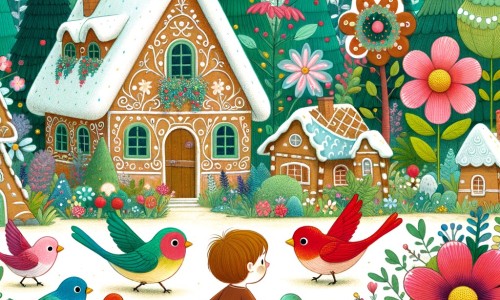 Une illustration destinée aux enfants représentant un(e) jeune garçon/fille minuscule, perdu(e) dans une forêt enchantée, accompagné(e) d'un groupe d'oiseaux colorés, dans un village pittoresque entouré de maisons en pain d'épice et de fleurs géantes.