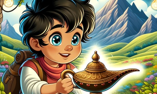 Une illustration pour enfants représentant un jeune aventurier malicieux, plongé dans une quête excitante à la recherche d'un trésor magique, dans un royaume lointain et mystérieux.