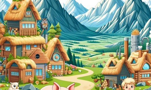Une illustration pour enfants représentant trois adorables cochons, confrontés à un loup futuriste, dans un monde où la technologie règne, cherchant à construire des maisons respectueuses de l'environnement, dans un village modèle.