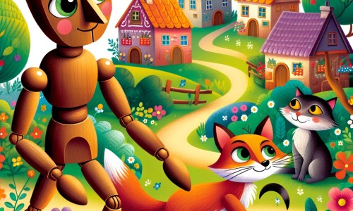 Une illustration pour enfants représentant une marionnette de bois, animée par la magie, qui se perd dans un monde dangereux et trompeur, à la recherche de richesse et de succès, dans un petit village pittoresque.