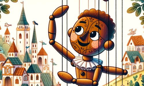 Une illustration pour enfants représentant un pantin en bois, prisonnier de ses propres mensonges, dans un village enchanté nommé Marécoville.