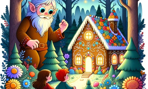 Une illustration destinée aux enfants représentant un enfant minuscule, perdu dans une sombre forêt enchantée, accompagné de ses sœurs et guidé par un géant bienveillant, devant une maison en pain d'épices aux couleurs vives et aux détails sucrés, avec des arbres majestueux et des fleurs lumineuses tout autour.
