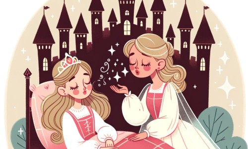 Une illustration pour enfants représentant une jeune princesse endormie depuis des siècles, réveillée par un baiser d'amour, dans un château ensorcelé par la magie.