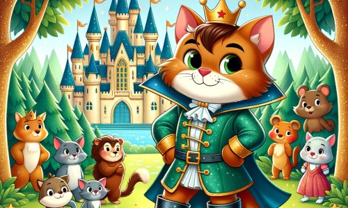 Une illustration pour enfants représentant un chat malin et courageux, vêtu de bottes magiques, qui tente de sauver la forêt menacée par la construction d'un centre commercial dans un royaume lointain.