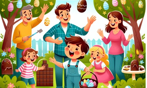 Une illustration destinée aux enfants représentant un petit garçon plein d'enthousiasme, entouré de sa famille, dans un magnifique jardin printanier, où ils décorent des oeufs de Pâques avant de partir à la chasse aux trésors chocolatés.