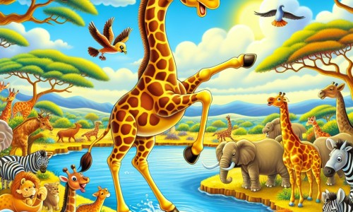 Une illustration destinée aux enfants représentant une girafe facétieuse, jouant des tours amusants aux animaux de la savane colorée, sous le regard émerveillé des autres animaux, dans un paysage luxuriant de la savane africaine, avec des arbres majestueux, une rivière scintillante et un ciel d'un bleu éclatant.