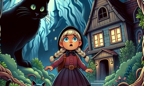 Une illustration destinée aux enfants représentant une petite fille courageuse et intrépide, se retrouvant coincée dans une sombre et effrayante maison hantée, accompagnée d'un mystérieux chat noir, dans un village perdu au milieu d'une forêt dense, où les arbres tordus et les ombres menaçantes créent une atmosphère terrifiante.