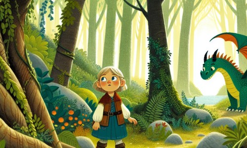 Une illustration destinée aux enfants représentant une petite fille curieuse et imaginative, accompagnée d'un dragon maladroit, explorant une clairière enchantée cachée au cœur d'une forêt luxuriante.