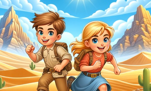 Une illustration destinée aux enfants représentant un petit garçon intrépide, accompagné d'une petite fille courageuse, explorant un désert aride avec des dunes de sable doré et un ciel bleu azur.