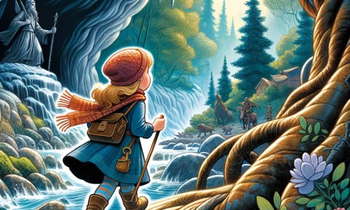 Une illustration pour enfants représentant une petite fille intrépide se lançant dans une aventure palpitante, à la découverte d'une grotte mystérieuse cachée au cœur d'une forêt enchantée.