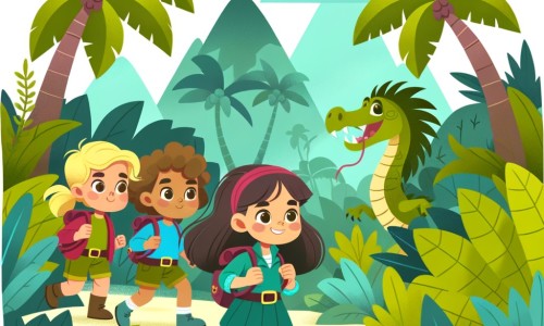 Une illustration destinée aux enfants représentant une petite fille intrépide et courageuse, accompagnée de ses amis, partant à l'aventure dans une jungle luxuriante, à la recherche d'un trésor légendaire.
