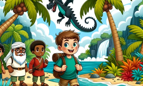 Une illustration destinée aux enfants représentant un petit garçon intrépide, accompagné de ses amis, explorant une île tropicale luxuriante à la recherche d'un dragon mythique.