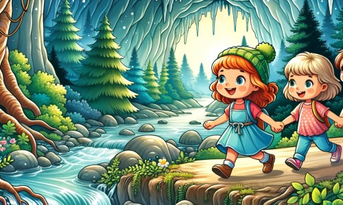 Une illustration pour enfants représentant une petite fille intrépide, faisant face à des défis dans une grotte mystérieuse, située au cœur d'une forêt enchantée.