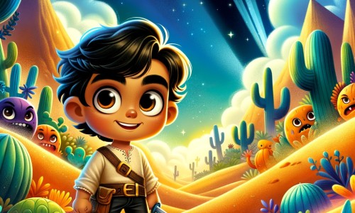 Une illustration pour enfants représentant un petit garçon courageux se trouvant au milieu d'un désert mystérieux et exotique, prêt à vivre une incroyable aventure.