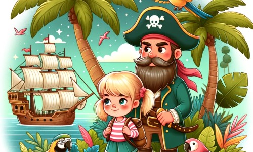 Une illustration destinée aux enfants représentant une petite fille intrépide, accompagnée d'un capitaine barbu, explorant une île luxuriante pleine de palmiers majestueux et d'oiseaux colorés.