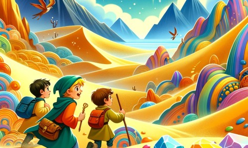 Une illustration destinée aux enfants représentant un petit garçon intrépide, accompagné de ses amis, explorant un désert mystérieux et vibrant, parsemé de dunes de sable mouvantes et de rochers colorés, à la recherche d'un trésor légendaire.