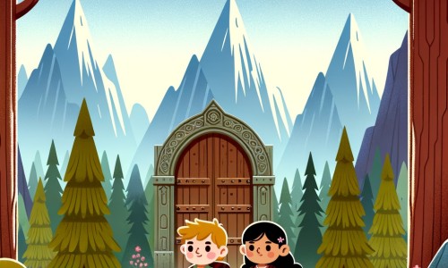 Une illustration pour enfants représentant un jeune garçon intrépide, sur le point de partir à l'aventure dans une forêt mystérieuse entourée de montagnes.