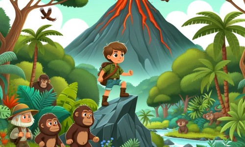 Une illustration destinée aux enfants représentant un petit garçon intrépide se tenant au sommet d'une montagne en éruption, accompagné de ses amis, dans une forêt dense remplie de plantes exotiques et d'animaux sauvages.