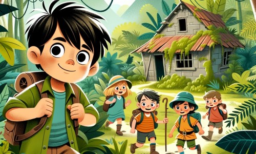 Une illustration destinée aux enfants représentant un petit garçon intrépide, entouré de ses amis, partant à l'aventure à travers une jungle luxuriante et un village abandonné, à la recherche d'un trésor perdu.