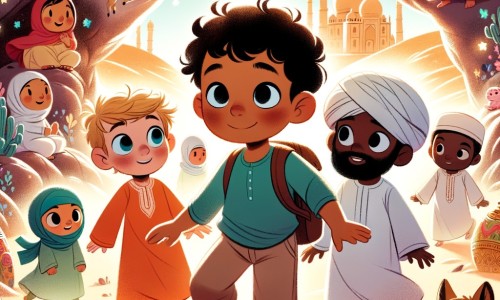 Une illustration pour enfants représentant un petit garçon intrépide, entouré de ses amis, explorant un désert mystérieux rempli de merveilles.
