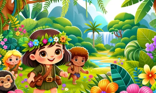 Une illustration destinée aux enfants représentant une petite fille intrépide, accompagnée de ses amis, explorant une jungle luxuriante parsemée de fleurs éclatantes et d'arbres majestueux.